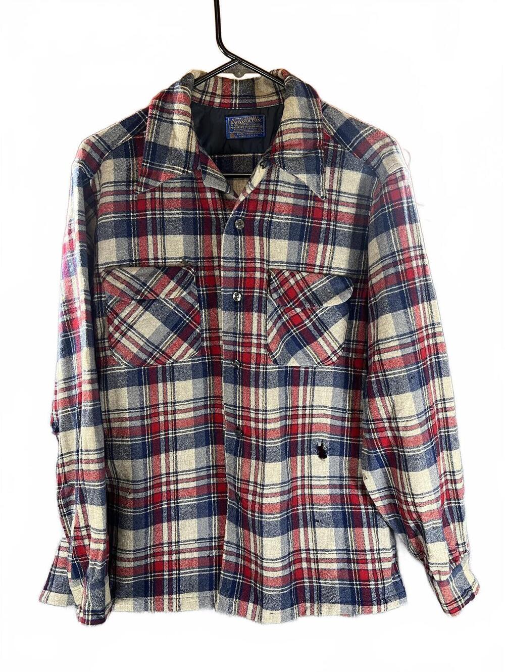 Vintage Pendleton Wool Flannel Shirt USA Plaid Distressed Repair Project Large